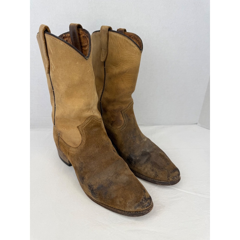 Vintage 2 Tone Leather Suede Western Cowboy Boots Brown Tan Style 4349 Mens 8.5